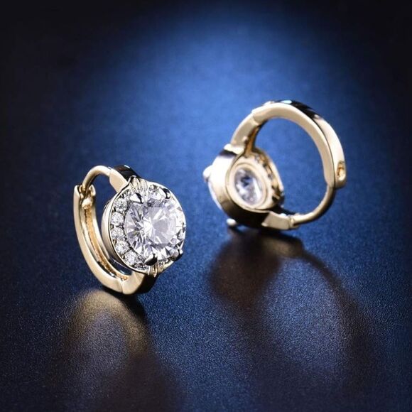 14K Yellow Gold with White Diamond Cubic Zirconia Halo Huggie Hoop Drop Earrings - Picture 4 of 13